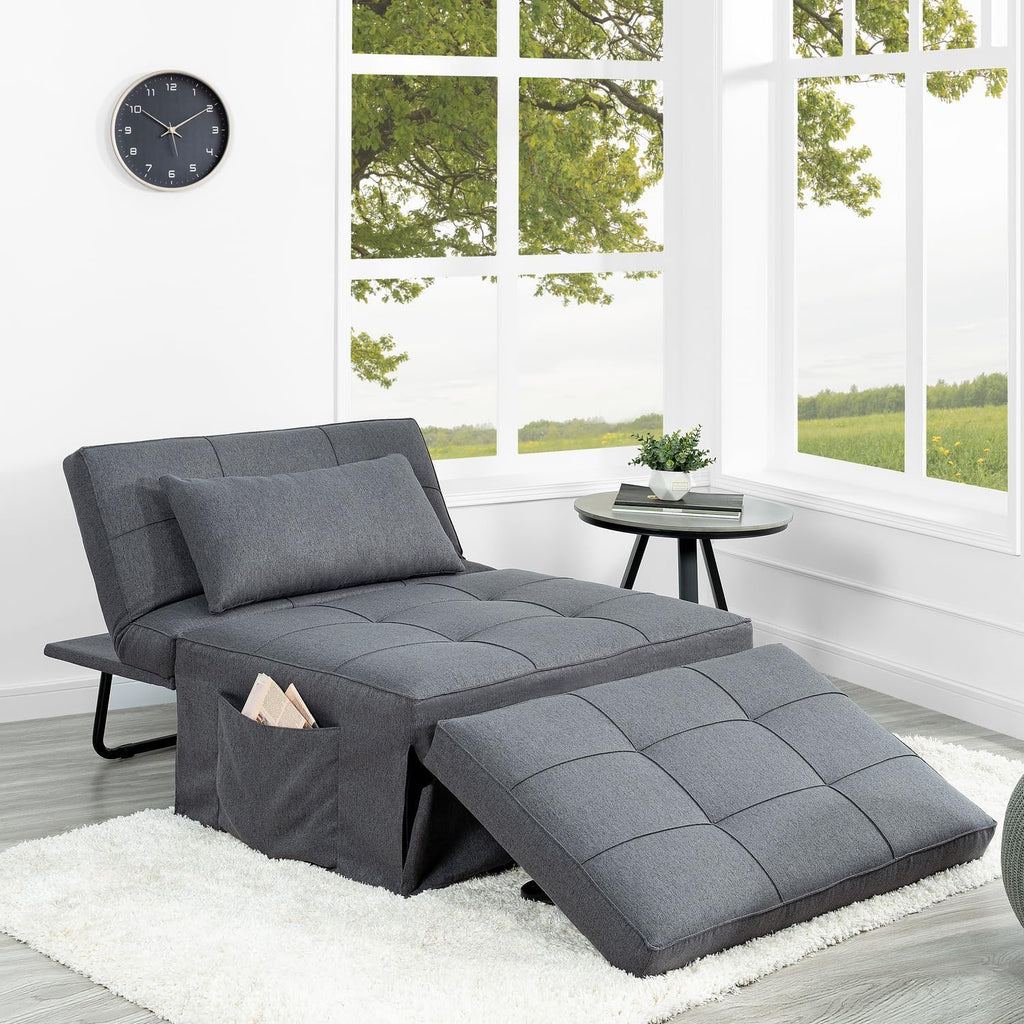 Naomi Home 4-in-1 Folding Chair Bed, Space-Saving Convertible Sleeper Sofa for Apartments & Guest Rooms, Adjustable Backrest, Linen Fabric, Includes Support Pillow in Gray
