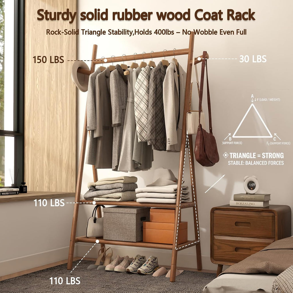 Solid Wood Clothes Rack with 2 Shelves & Hooks, Freestanding Garment Rack & Coat Rack Load 350 Lbs for Hanging Clothes & Organizer, Simple and Practical for Entryway Bedroom 31.5W WALNUT