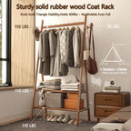 Solid Wood Clothes Rack with 2 Shelves & Hooks, Freestanding Garment Rack & Coat Rack Load 350 Lbs for Hanging Clothes & Organizer, Simple and Practical for Entryway Bedroom 31.5W WALNUT