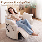 FOXHUNTER Power Nursery Rocking Chairs Glider Rocking Chair 300°Swivel Rocking Recliner with USB Charging Port and Phone Holder,Footrest,for Living Room, Corduroy, White