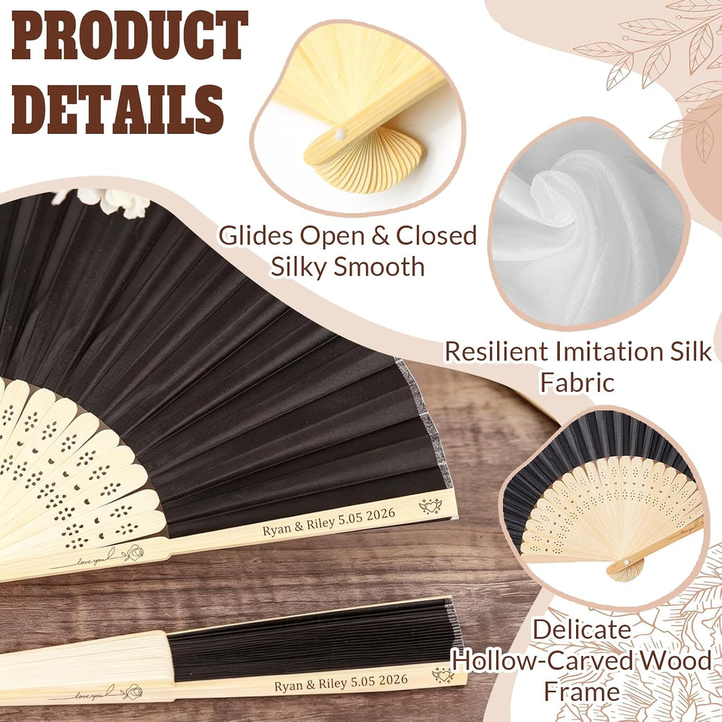 HJX Personalized Wedding Fans for Guests Custom Engraved Bulk Silk Folding Fans Favors for Party