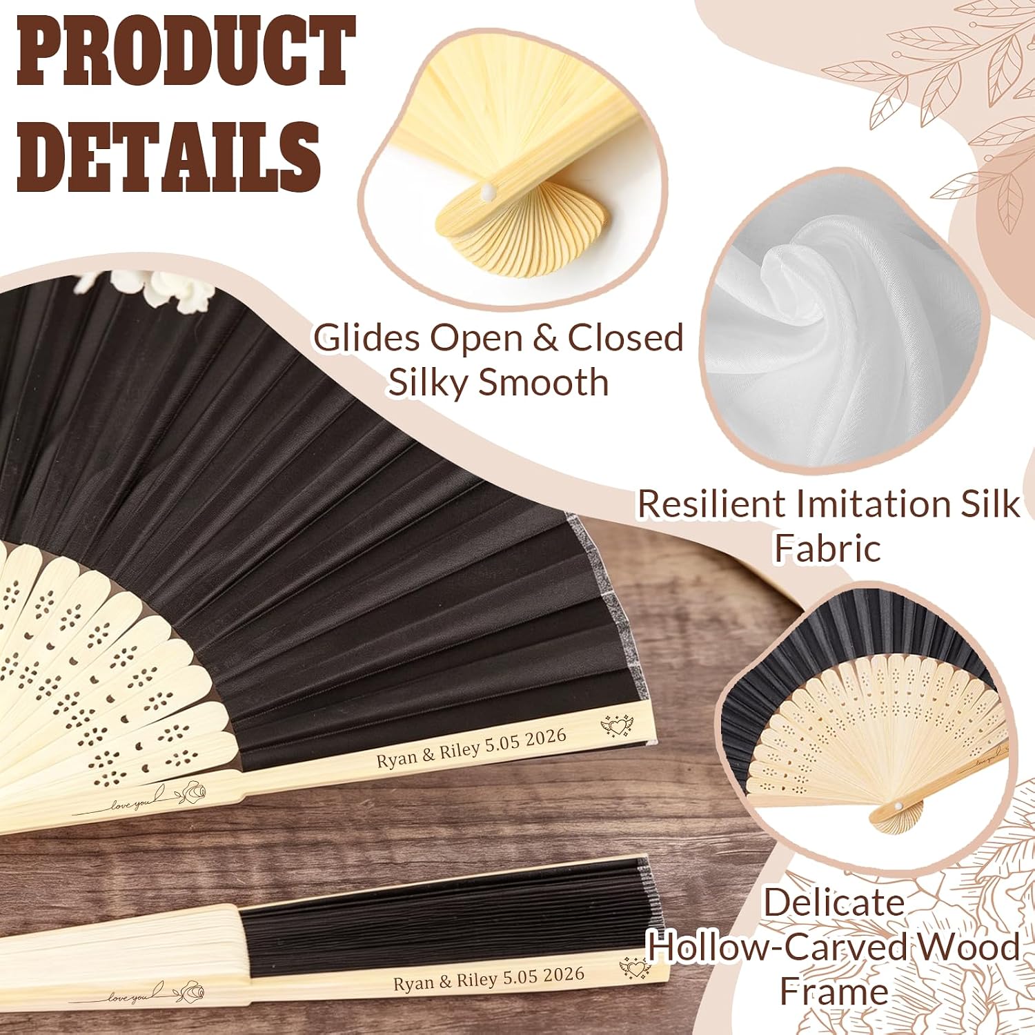 HJX Personalized Wedding Fans for Guests Custom Engraved Bulk Silk Folding Fans Favors for Party