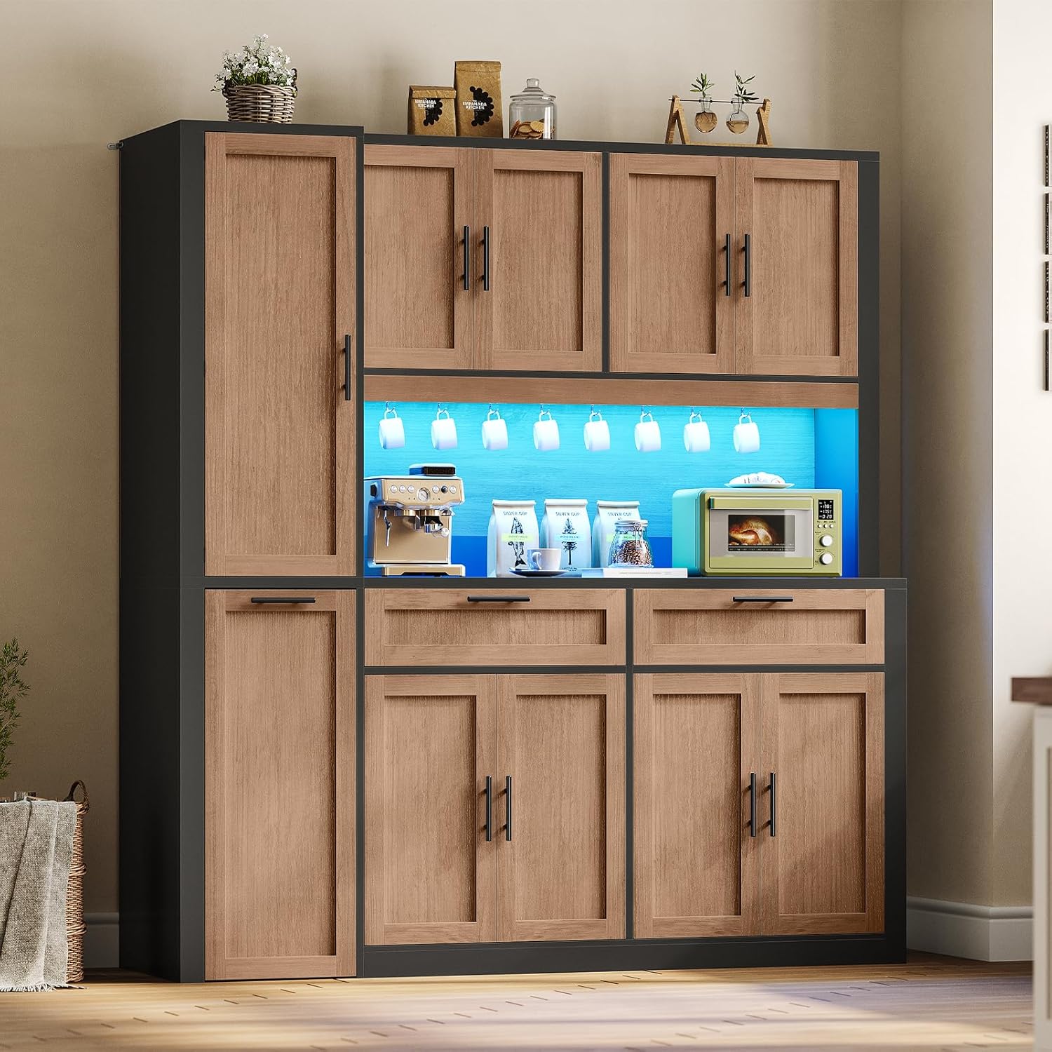 Itaar 71" Kitchen Pantry Cabinet with Charging Station and Led Light, Kitchen Storage Cabinets with Microwave Stand, 59" Wide Pantry Storage Cabinet with Storage Cart 3 Tier for Dining Room, Brown