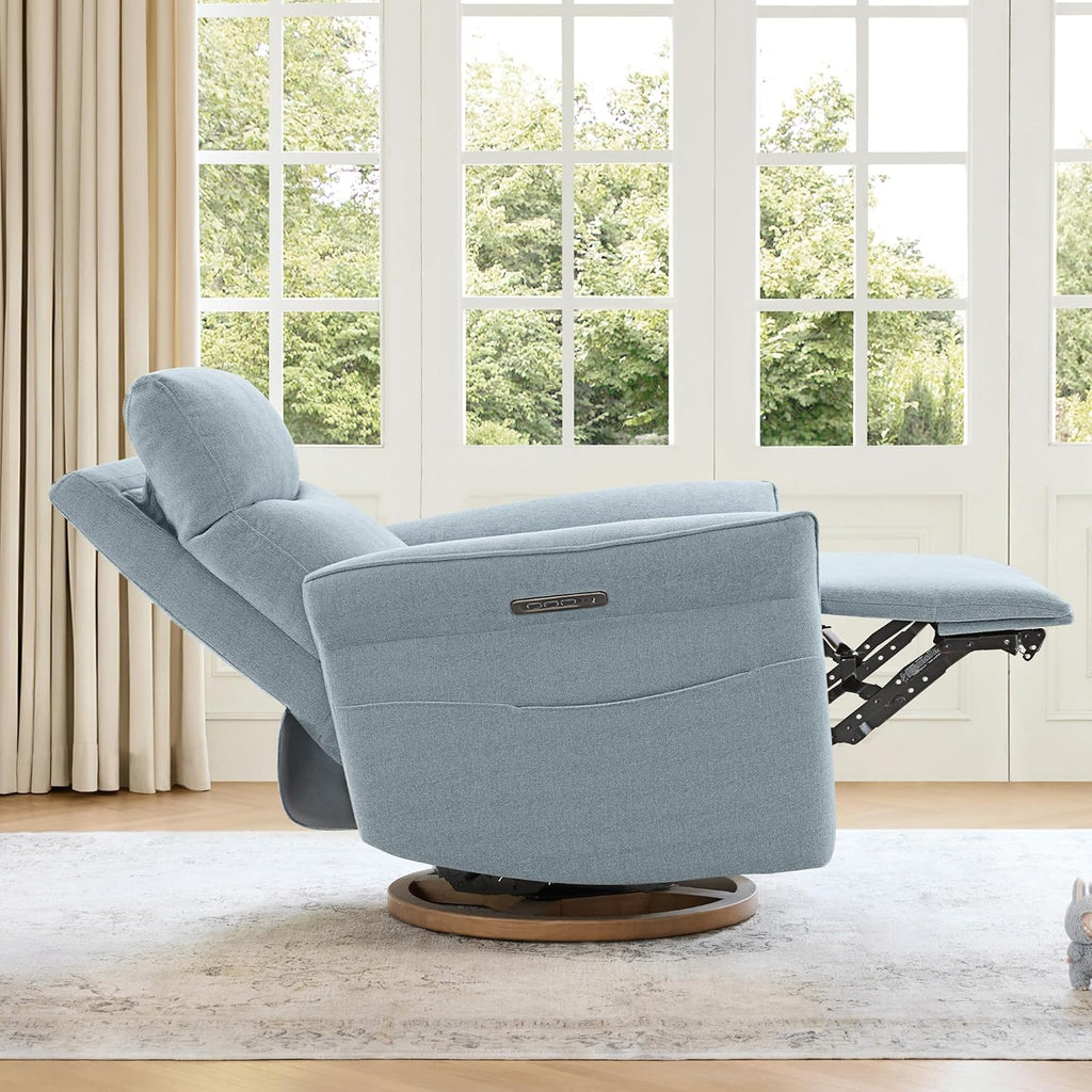 CHITA Power Recliner Chair, Electric Triple-Motor Swivel Glider Nursery Rocking Chair with Adjustable Power Headrest and Lumbar Support, GREENGARD Gold Certified, Solid Wood Base, Baby Blue