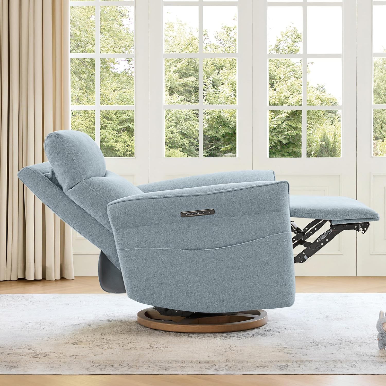 CHITA Power Recliner Chair, Electric Triple-Motor Swivel Glider Nursery Rocking Chair with Adjustable Power Headrest and Lumbar Support, GREENGARD Gold Certified, Solid Wood Base, Baby Blue
