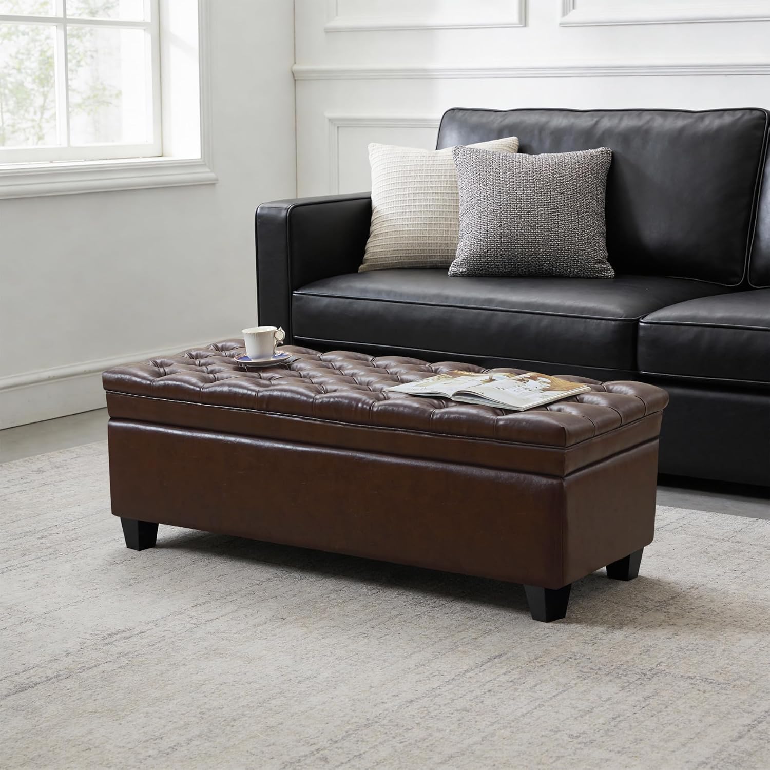50" Faux Leather Storage Ottoman Bench, Rectangular End of Storage Bench, Upholstered Large Tufted Ottoman with Storage for Living Room, Bedroom, Entryway,Dark Brown