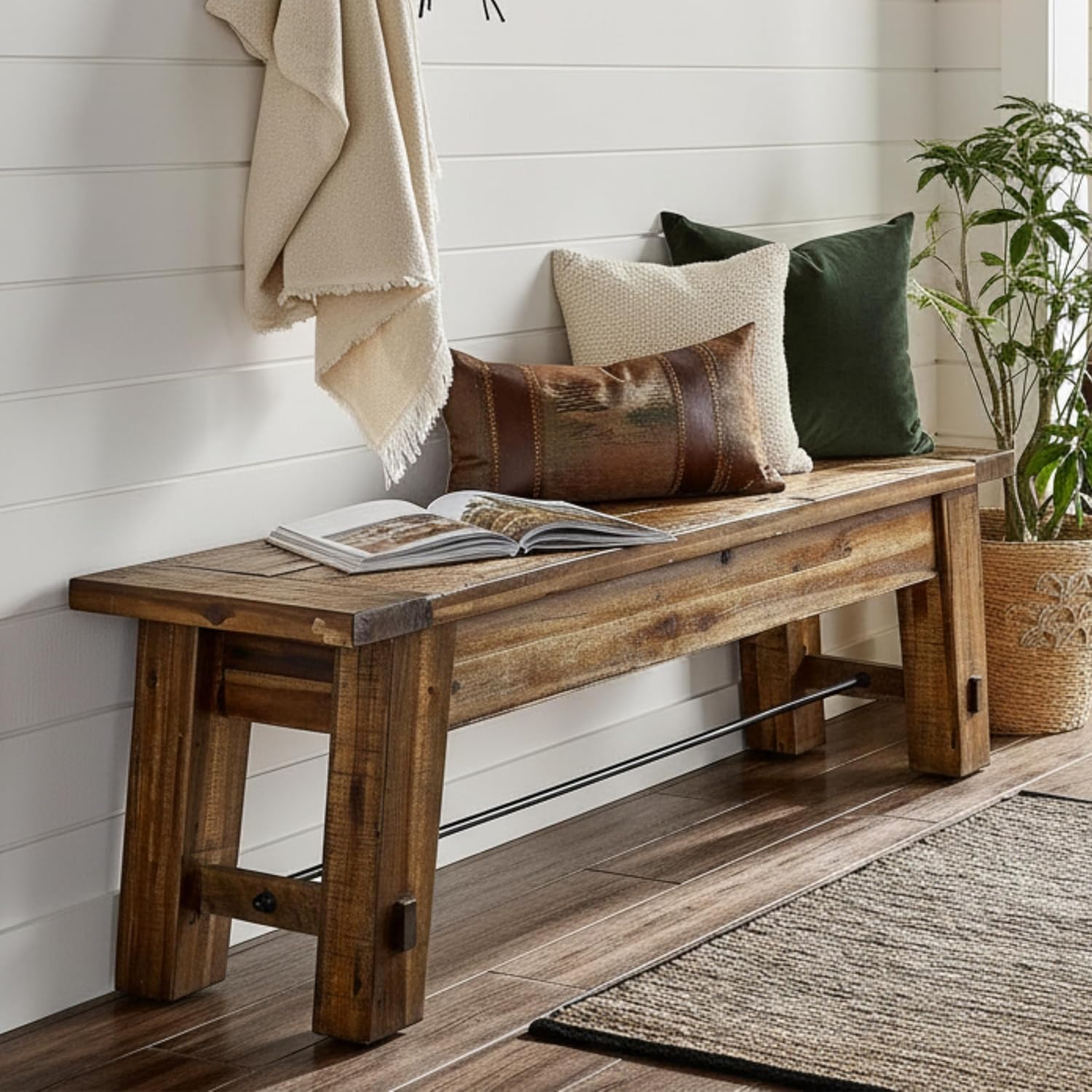 Durango Rustic Farmhouse Style 60-Inch Wood Bench - Industrial Modern Accent Furniture with Solid Wood Seat for Entryway, Dining Room, Hallway, Foyer, or Kitchen by Alaterre Furniture
