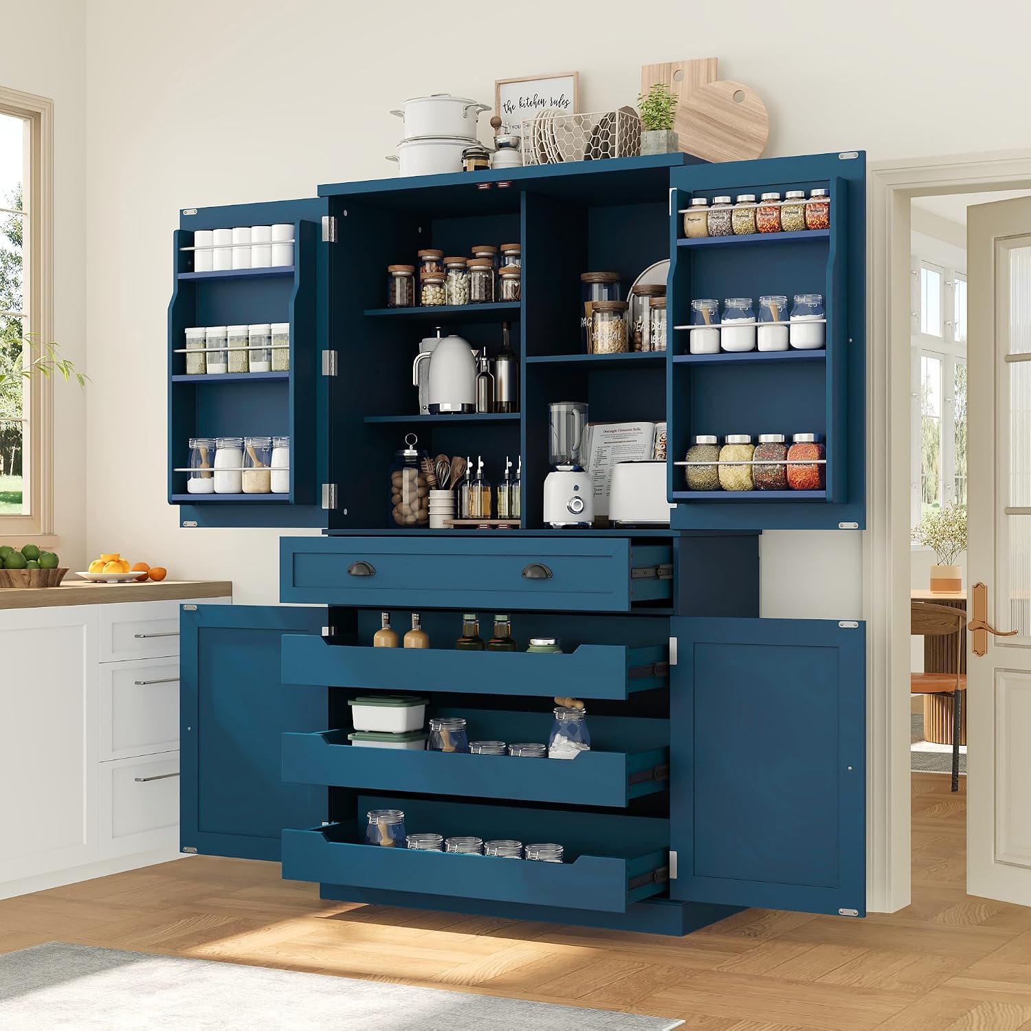 Freestanding Tall Kitchen Pantry Cabinet with 6 Door Shelves and Drawer, Wood Cupboard Storage Cabinet with Adjustable Shelves and 3 Pull-Out Trays for Dining Room, Kitchen (Blue)