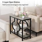 End Table Set of 2, Narrow Side Table with 3-Tier Storage Shelves, Wood Sofa Side Table with Geometric Metal Frame for Living Room, Industrial Bedside Nightstand for Bedroom (Gray)