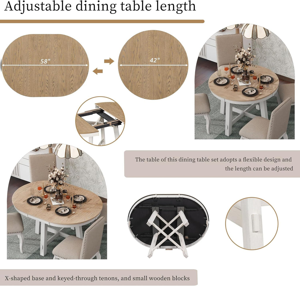 Knocbel Farmhouse 4-Person Extendable Dining Table Set, 5-Piece Dinette Set with Upholstered Nailhead Trim Chairs, Kitchen Dining Room Small Space Furniture Set (Oak Natural and Antique White)