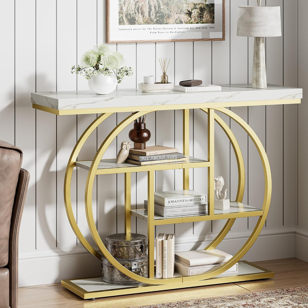 41.3" Console Table, Modern Sofa Table with Circle Base, 4-Tier Narrow Entryway Table for Hallway, Slim Industrial Accent Table with Storage Shelves for Living Room, White & Gold