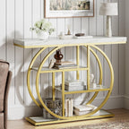 41.3" Console Table, Modern Sofa Table with Circle Base, 4-Tier Narrow Entryway Table for Hallway, Slim Industrial Accent Table with Storage Shelves for Living Room, White & Gold
