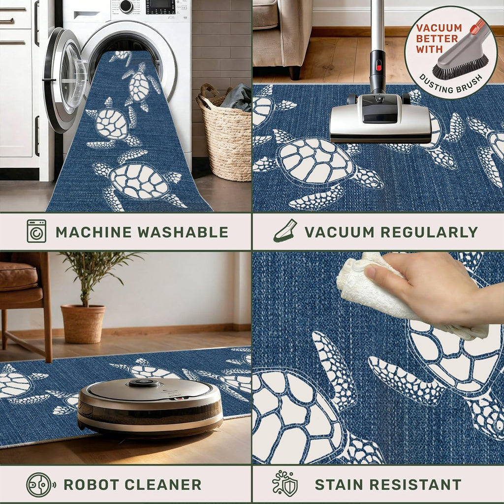Navy Blue Sea Turtle Runner Rug 2x6, Coastal Nautical Ocean Theme, Washable Non-Slip Long Hallway Carpet Kitchen Mat Floor Area Rug for Laundry Room Entryway