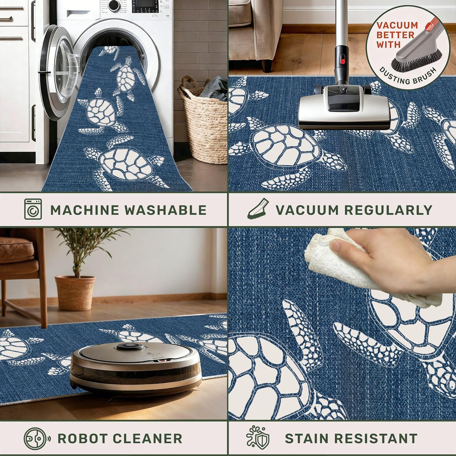 Navy Blue Sea Turtle Runner Rug 2x6, Coastal Nautical Ocean Theme, Washable Non-Slip Long Hallway Carpet Kitchen Mat Floor Area Rug for Laundry Room Entryway