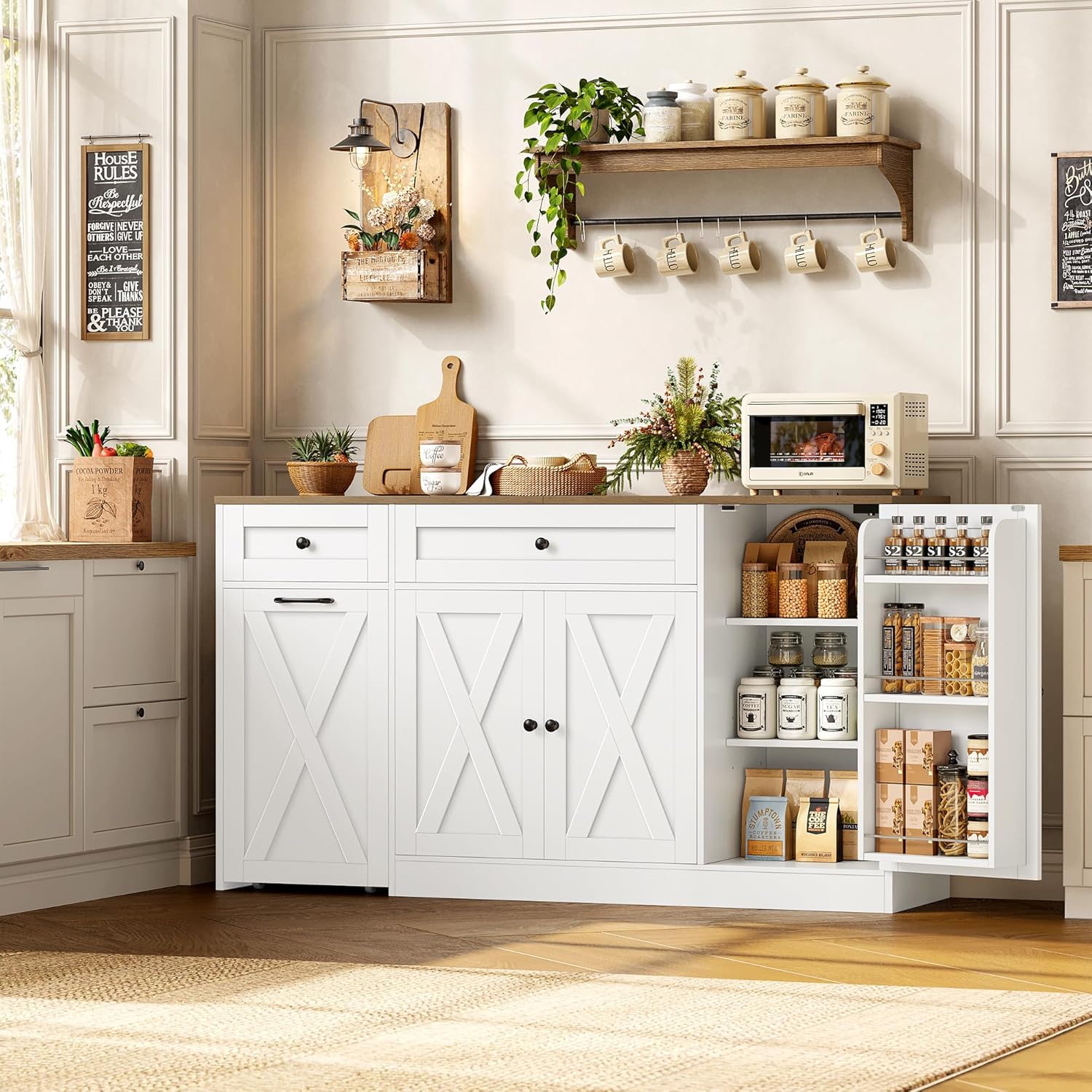 HOSTACK Multifunctional Storage Cabinet - 59" Buffet Cabinet with Charging Station, Large Kitchen Buffet Sideboard with Rolling Cart, Farmhouse Coffee Bar Cabinet with Drawers for Kitchen, White