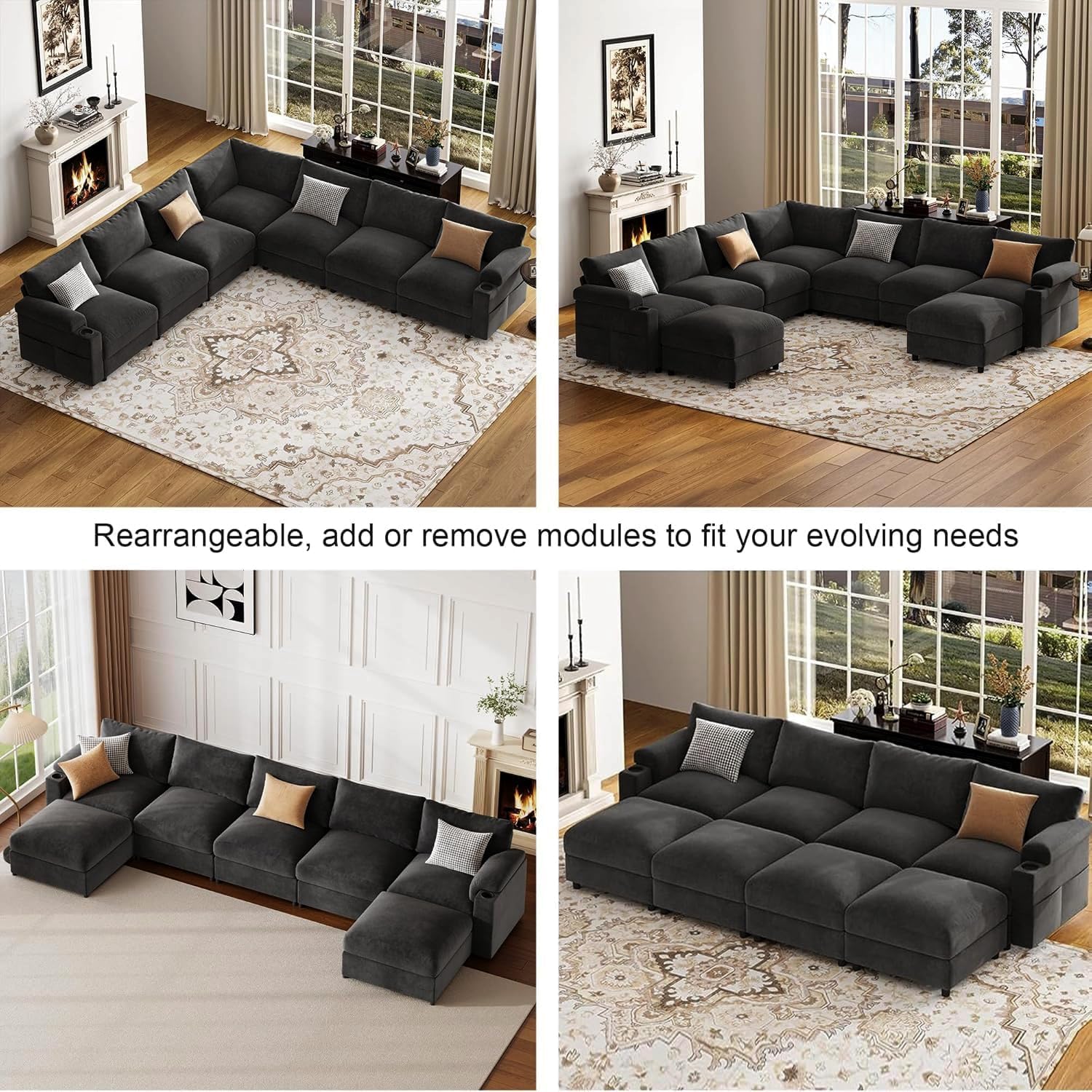 Sectional Couches for Living Room FSC Certified Velvet Modular Couch Oversized Cloud U Shaped Convertible Sleeper Sofa Chaise Detachable Armrest Cushion (Chenille Grey, U Shape 8 Seat)