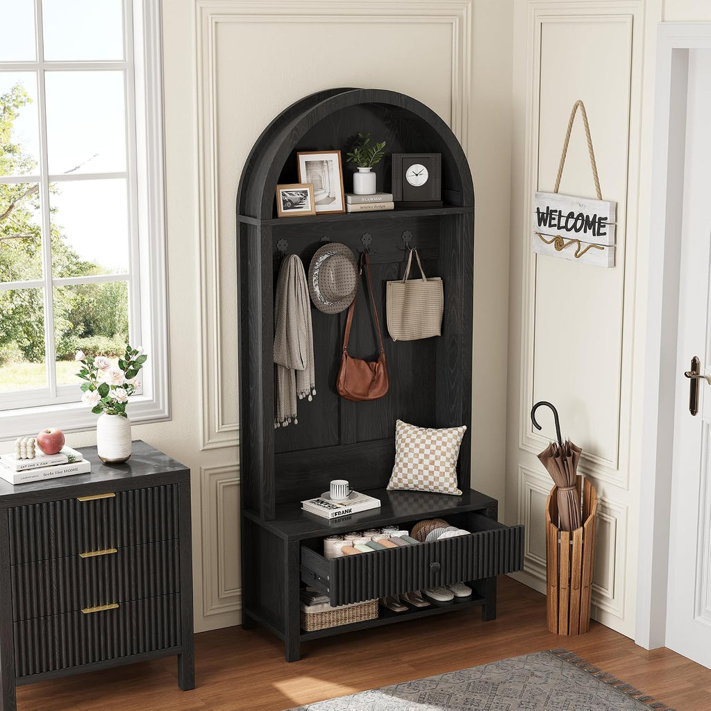 70.86-inch Entryway Hall Tree, Farmhouse-Style Wooden Coat Rack Freestanding, Entryway Organizer with Four Hooks, Standing Shoe Rack with Bench for Hallways, Foyers, and Living Rooms, Black