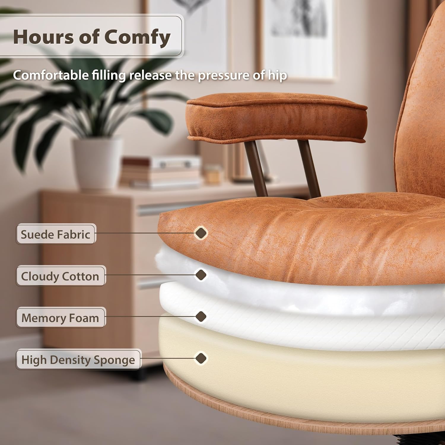 HOOOWOOO Ergonomic Office Chair,Mid Century Modern Computer Desk Chair,Comfy Executive Chair with Extra Wide Tufted Cloudy Seat Lumbar Support High Reclining Back,Suede Leather Cognac Brown