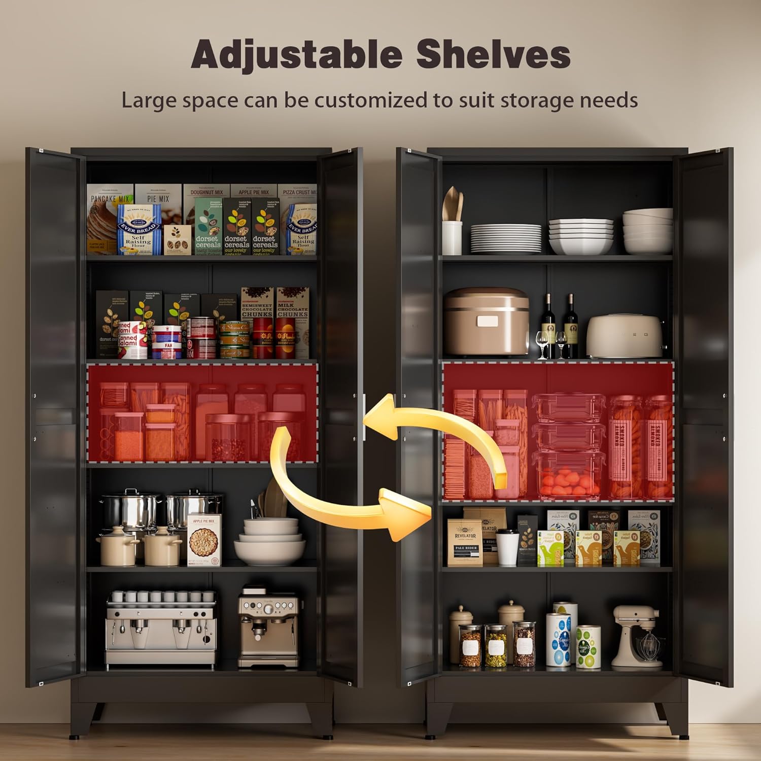 71" Tall Metal Pantry Cabinet, Kitchen Storage Cabinet with 2 Doors and 4 Adjustable Shelves for Kitchen, Living Room, Dining Room, Bathroom and Home, Office (Black, 1PC)