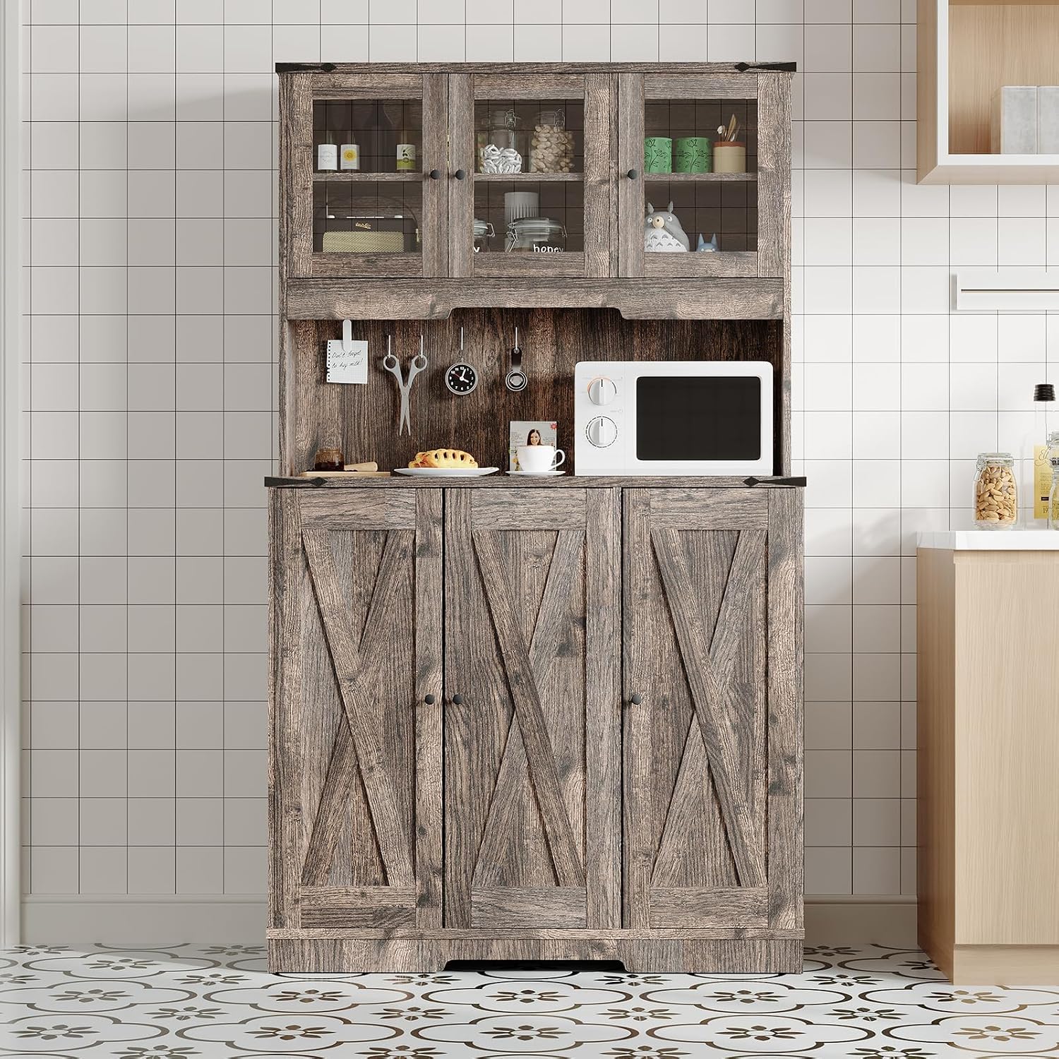 70'' Kitchen Pantry Cabinet with Power Outlet, Freestanding Kitchen Storage Cabinet with Acrylic Doors, Microwave Stand & Adjustable Shelf, Coffee Bar Cupboard for Dining Room, Living Room