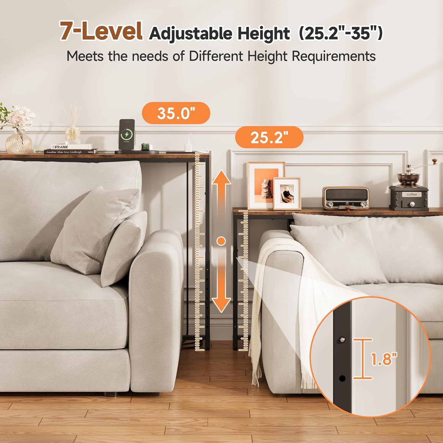 LIFECHOVY 78.8 Inch Narrow Console Table with Power Outlets, 25.2"-35" Adjustable Height Skinny Behind the Couch Table with Fabric Storage, Long Sofa Table for Living Room, Entryway, Rustic Brown