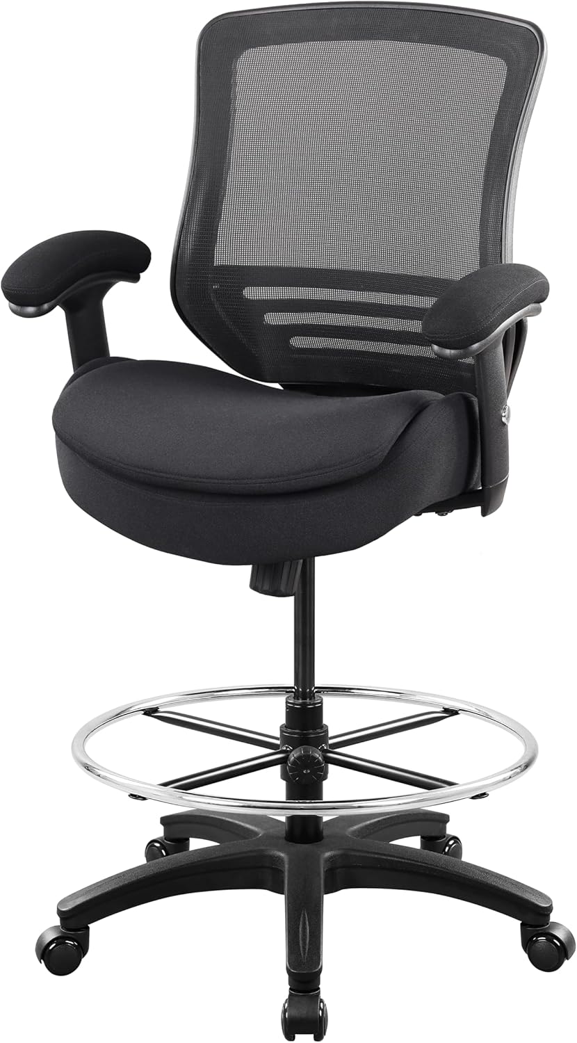 400lbs Office Drafting Chair Wide Dual Seat Cushion for High Standing Desk with Lumbar Support and Enlarged Adjustable Footrest-Black