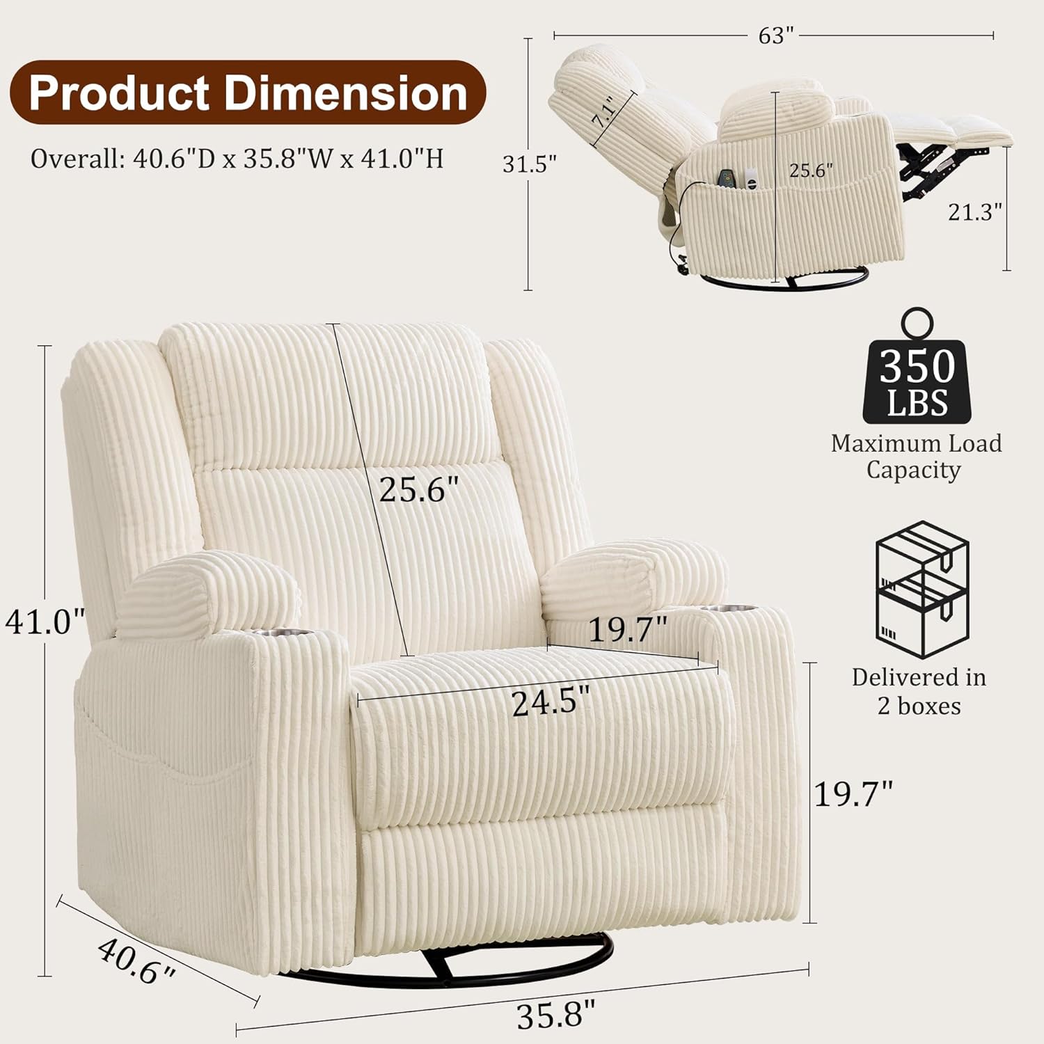 Korser Power Swivel Rocker Recliner with Dual Motor Adjustable Headrest for Adults, Oversized 24" Wide Seat Glider Rocking Chair with Massage & Heat, Corduroy Electric Recliner with USB&Type-C, Beige