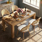 STHOUYN Farmhouse Wood Dining Room Table Set with 4 Upholstered Chairs, Rectangular Kitchen Table and Chairs Set of 6, 4 Seater Restaurant (71" Brown Table + 4 White Chairs)