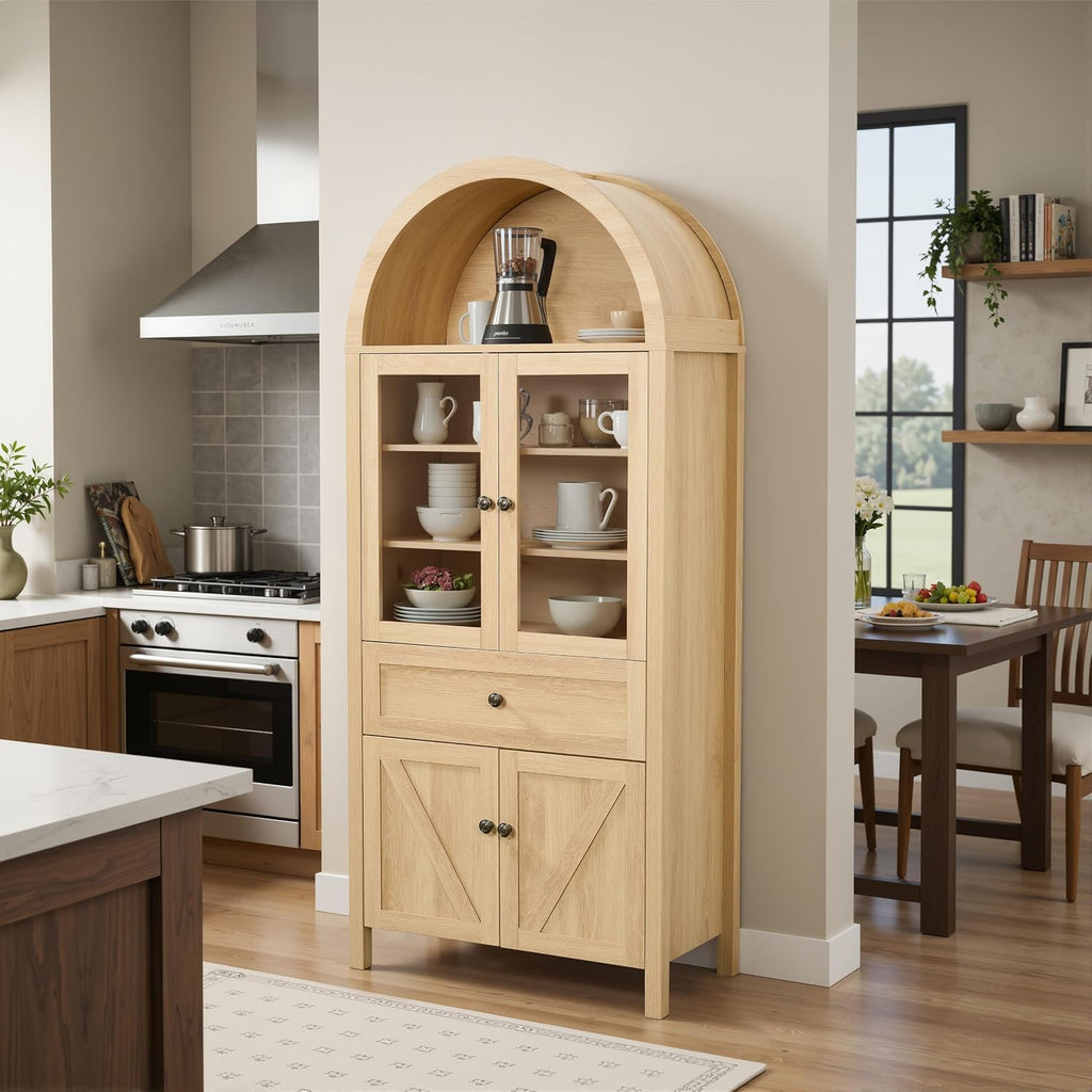 GDFStudio 71'' Arched Kitchen Pantry Cabinet, Wooden Pantry Cabinets for Kitchen Storage, Kitchen Storage Furniture with Adjustable Shelves, Multi-Functional Bookcase for Living Room, Oak