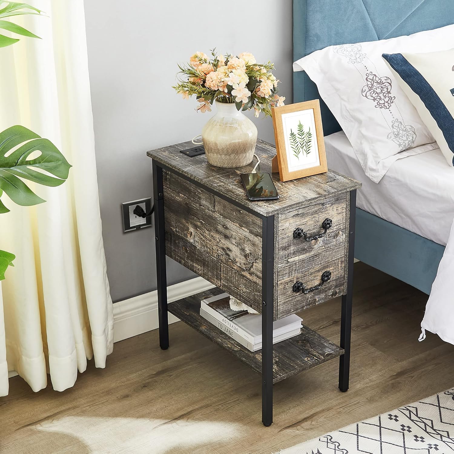 VECELO End Tables,Narrow Nightstands with Charging Station & USB Ports &Drawers,Night Stand for Living Room, Bedroom,Dust Grey