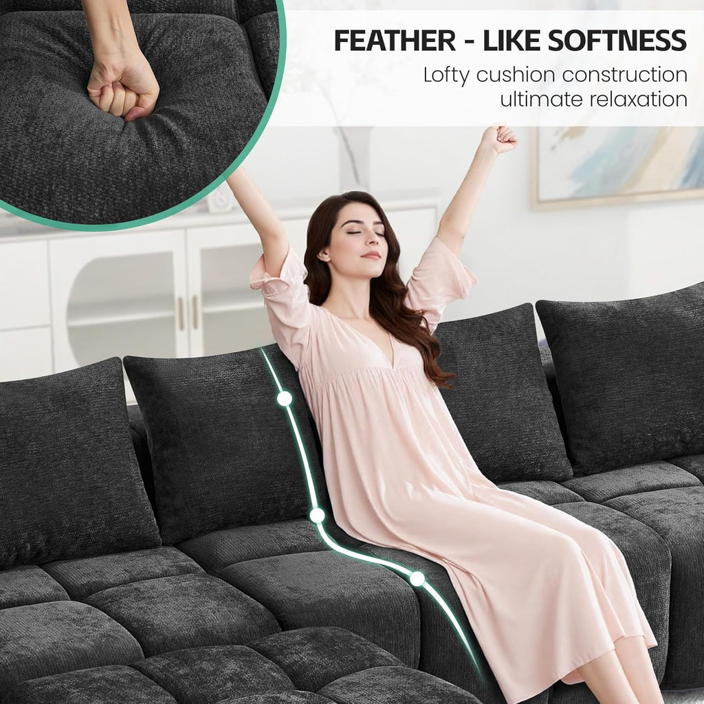 35" Boneless Ottoman, Chenille Modular Sectional Cloud Couch Ottoman, Comfy Upholstered Footrest for Living Room, Bedroom, Apartment, Dark Gray