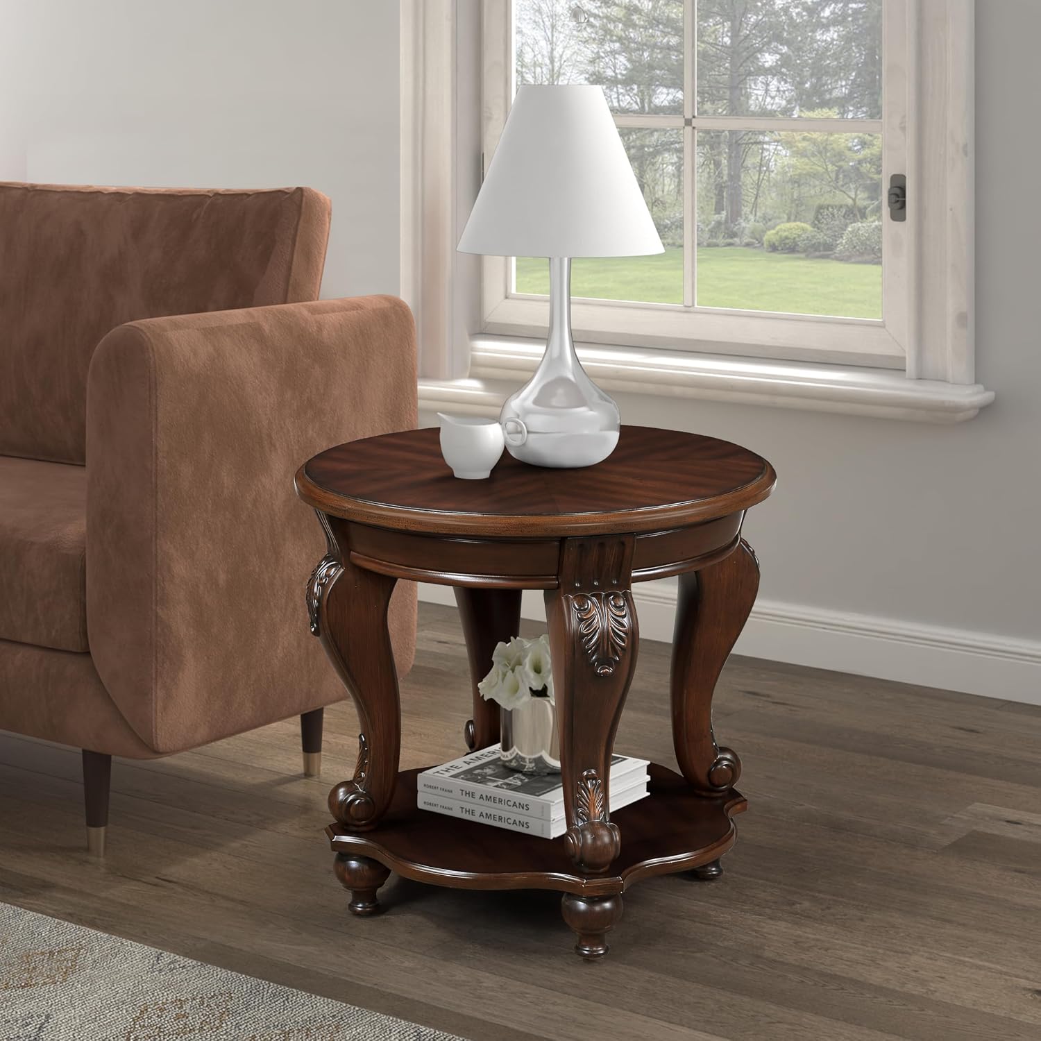 22'' Retro Round End Table,Solid Wood Sofa Side Table with Shelf,Living Room Corner Table Easy Assemble,Cherry