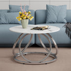 O&K FURNITURE Silver Coffee Table, Round Coffee Table Faux Marble Veins, Modern Center Table with Chrome Finish, for Living Room, Home Office, 1 PC