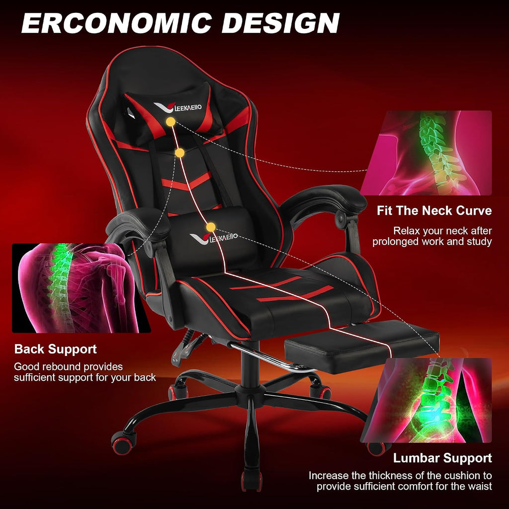 Gaming Chair for Adults, Ergonomic Gamer Chair with Footrest,Pocket Spring Cushion, Computer Office Desk Reclining Chair with Enlarged Metal Base, Linkage Armrests, Lumbar & Headrest Black & Red
