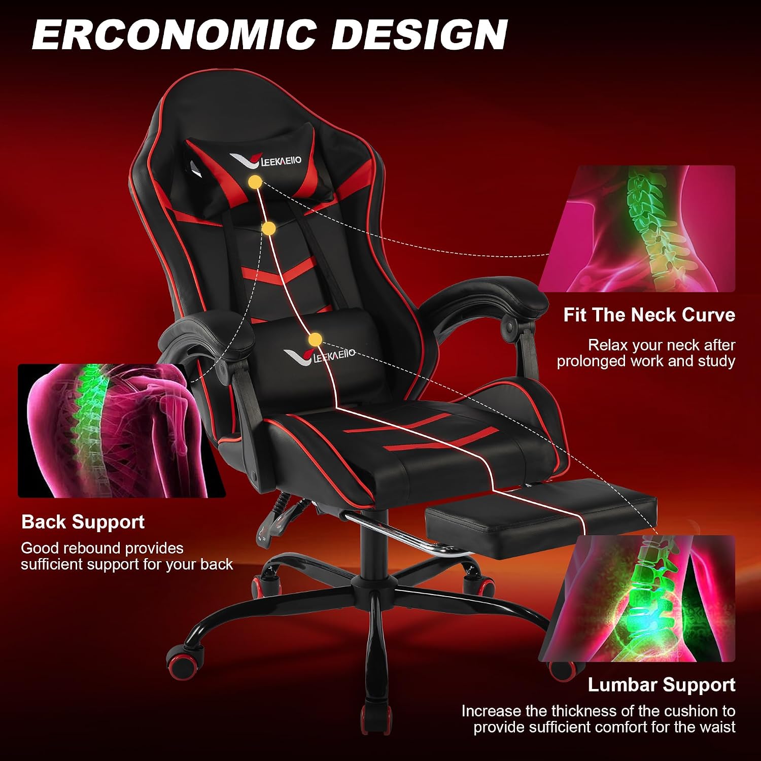 Gaming Chair for Adults, Ergonomic Gamer Chair with Footrest,Pocket Spring Cushion, Computer Office Desk Reclining Chair with Enlarged Metal Base, Linkage Armrests, Lumbar & Headrest Black & Red