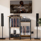 HYPIGO Record Player Stand with Power Outlets, Turntable Stand with Vinyl Record Storage Holds 300+ Albums, Record Player Table with Vinyl Display Holder for Living Room