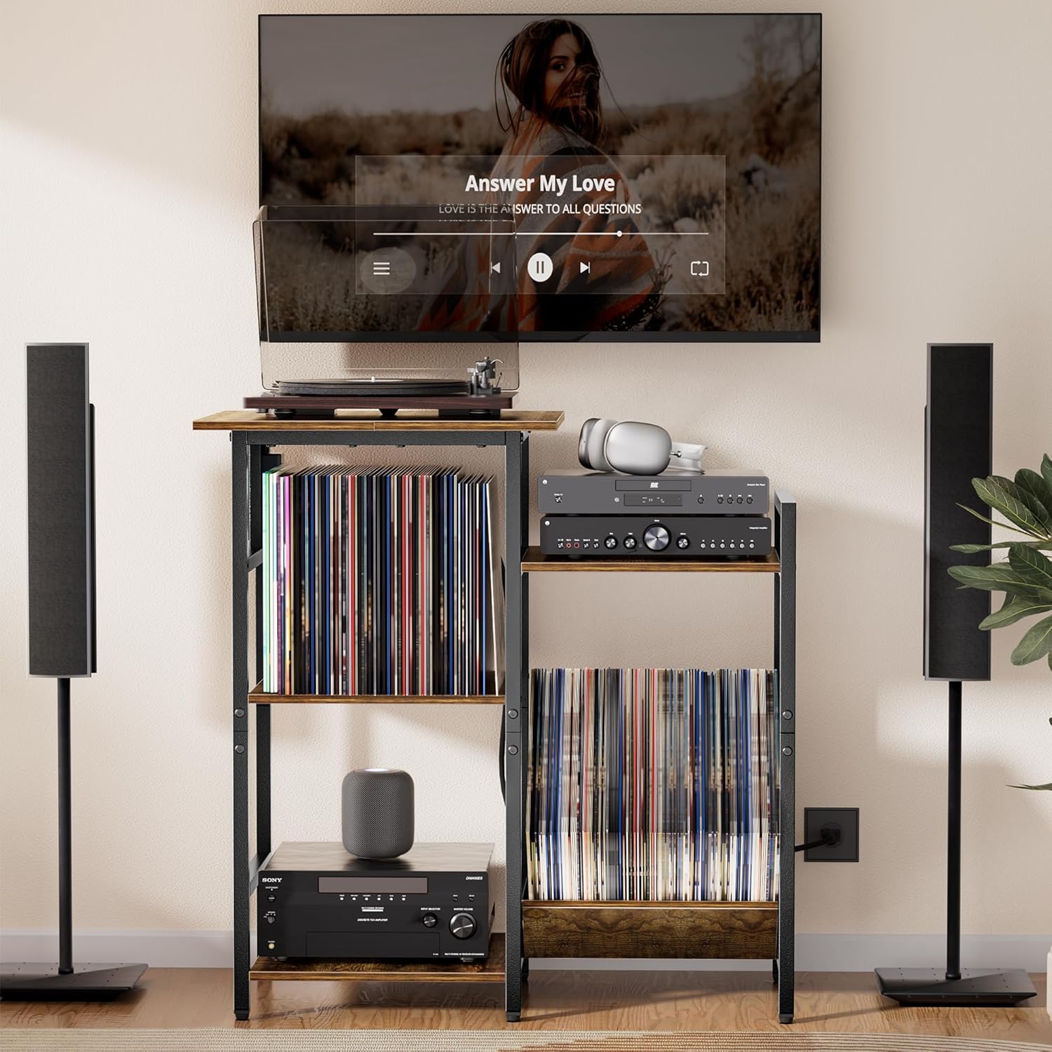 HYPIGO Record Player Stand with Power Outlets, Turntable Stand with Vinyl Record Storage Holds 300+ Albums, Record Player Table with Vinyl Display Holder for Living Room