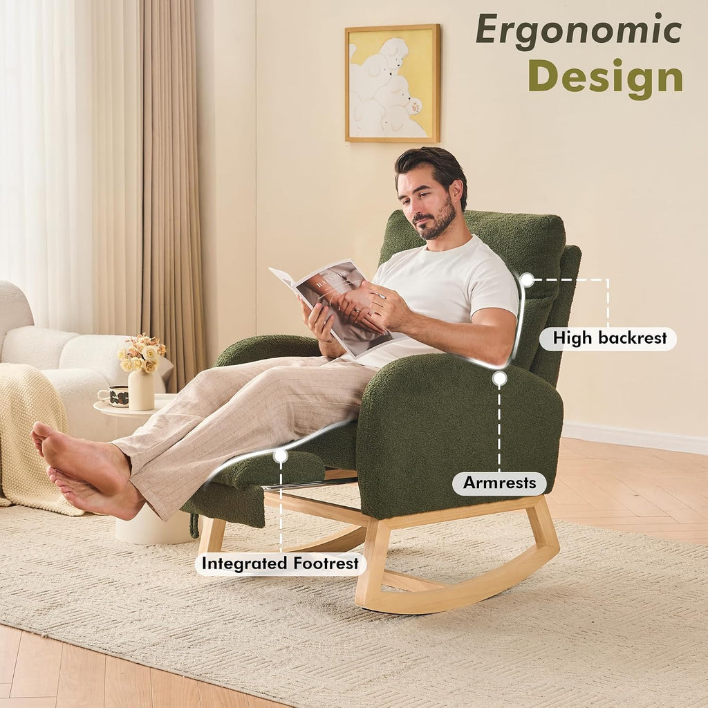 FOXHUNTER Rocking Chair for Nursery with High Backrest & Foot Rest-Nursery Rocking Chairs with Side Storage Pocket for Breastfeeding,Modern Glider Chair for Baby Bedroom,Living Room,Teddy, Green