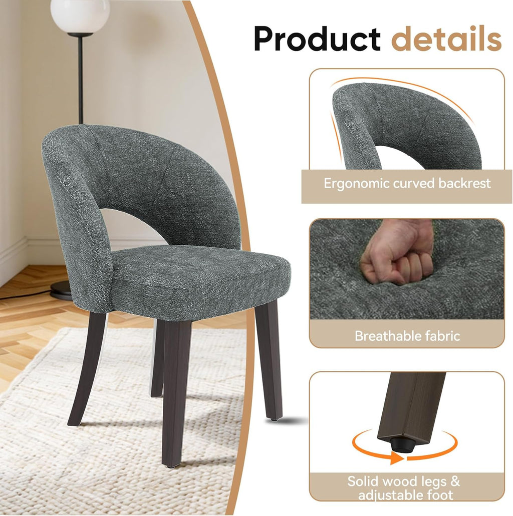 Dining Chairs Set of 2, Mid Century Modern Dining Chairs with Solid Wood Legs, Curved Back Kitchen Chair Farmhouse Side Upholstered Chairs for Kitchen Dining Room, Gray