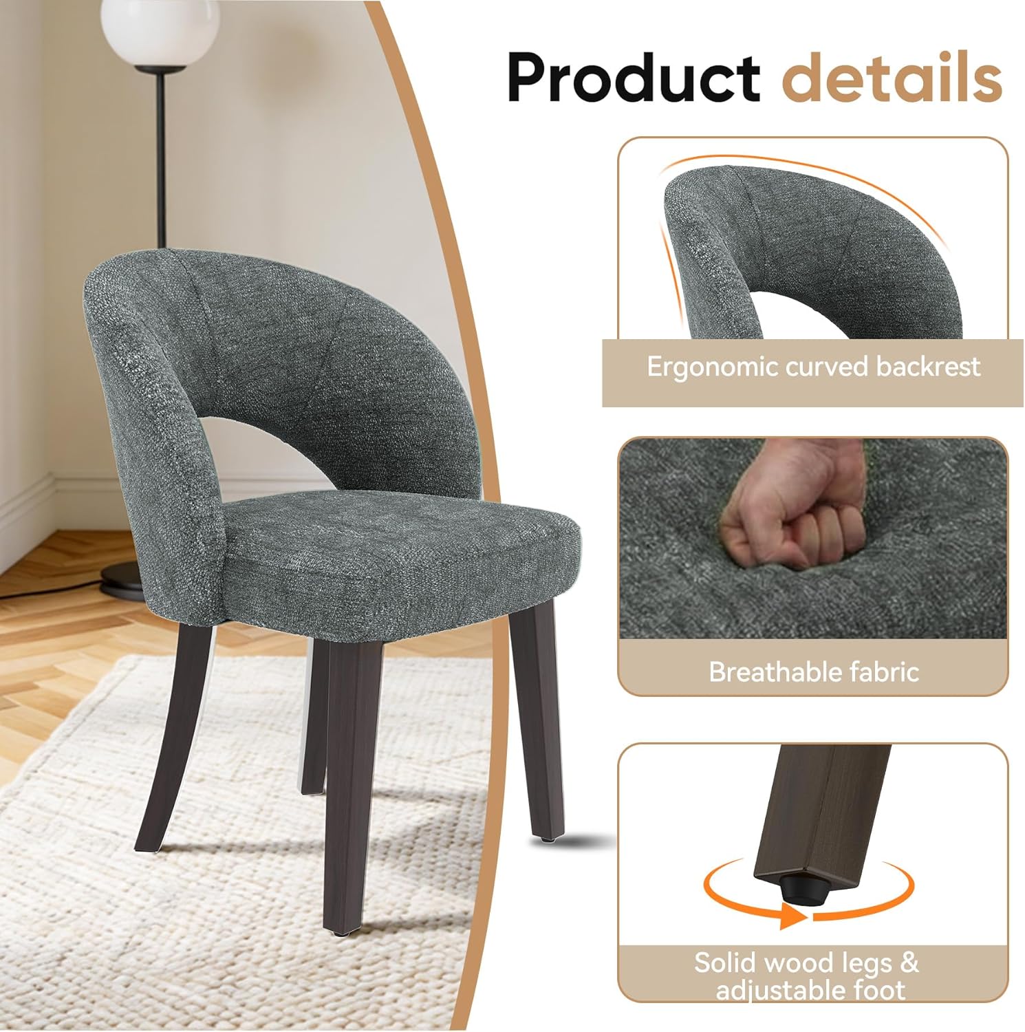 Dining Chairs Set of 2, Mid Century Modern Dining Chairs with Solid Wood Legs, Curved Back Kitchen Chair Farmhouse Side Upholstered Chairs for Kitchen Dining Room, Gray
