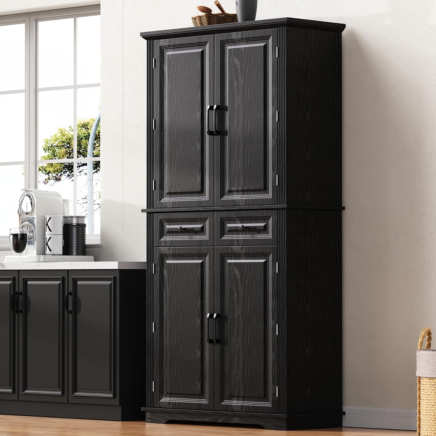 71" Tall Kitchen Pantry Cabinet, Freestanding Storage Cabinet with 3 Pull-Out Cabinet Organizers 6 Door Storage Shelves 2 Drawers, Farmhouse Embossed Texture Cupboard for Kitchen, Black