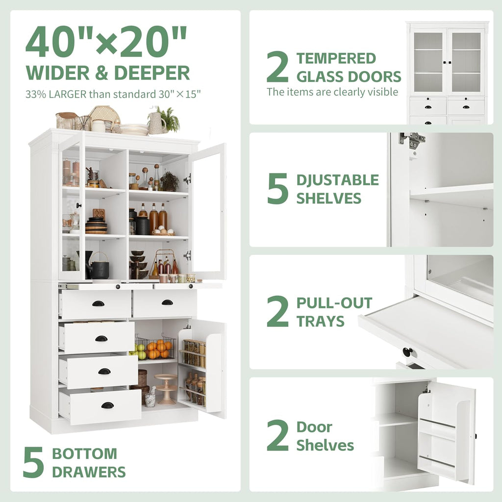 Vintage 72" Freestanding Kitchen Pantry with Glass Doors, Coffee Bar Station, Adjustable Shelves & Serving Trays for Dining & Living Room (White20)