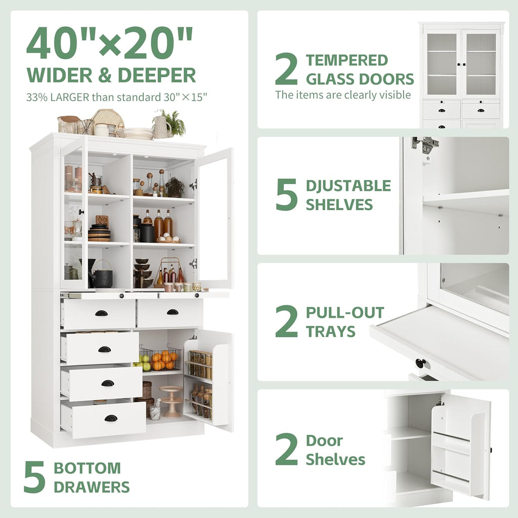 72" H Kitchen Pantry with Glass Doors, Wooden Freestanding Display Storage Cabinet with 5 Drawers and Serving Trays, Large Cupboard with Adjustable Shelves for Kitchen, Dining Room, White