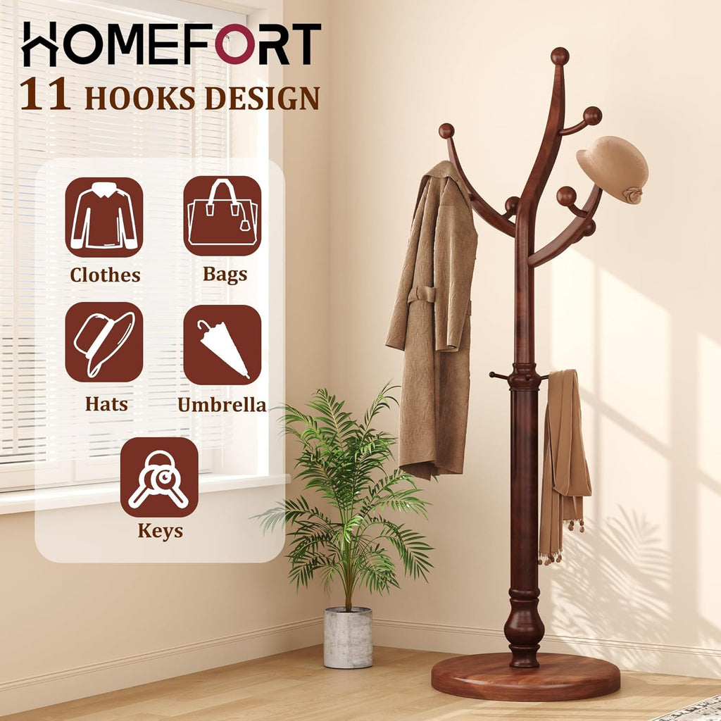 HOMEFORT Coat Rack Freestanding, Wooden Coat Tree Rack with 11 Hooks, Heavy Duty Wood Clothes Hanger with Sturdy Round Base, Vintage Coat Hat Stand for Entryway, Hallway, Bedroom,Walnut