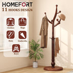 HOMEFORT Coat Rack Freestanding, Wooden Coat Tree Rack with 11 Hooks, Heavy Duty Wood Clothes Hanger with Sturdy Round Base, Vintage Coat Hat Stand for Entryway, Hallway, Bedroom,Walnut