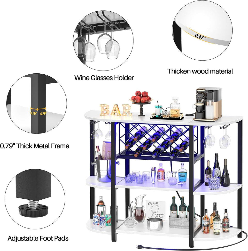 White Bar Cabinet with LED Lights & Power Outlets, 47" Curved Wine Bar Coffee Bar Cabinet with Wine Rack & Glass Holder, Liquor Cabinet Home Bar Unit for Living Room, Small Space