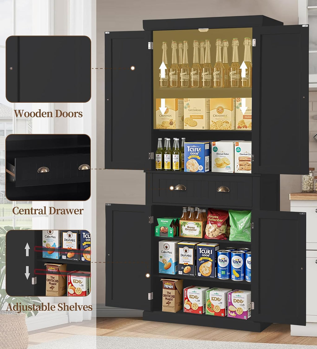 KIGOTY 72" Tall Kitchen Pantry Cabinet with Drawer and 4 Adjustable Shelves, Freestanding Pantry Storage Cabinets, Wood Cupboard Pantry Cabinet for Kitchen, Dining Room, Living Room, Black