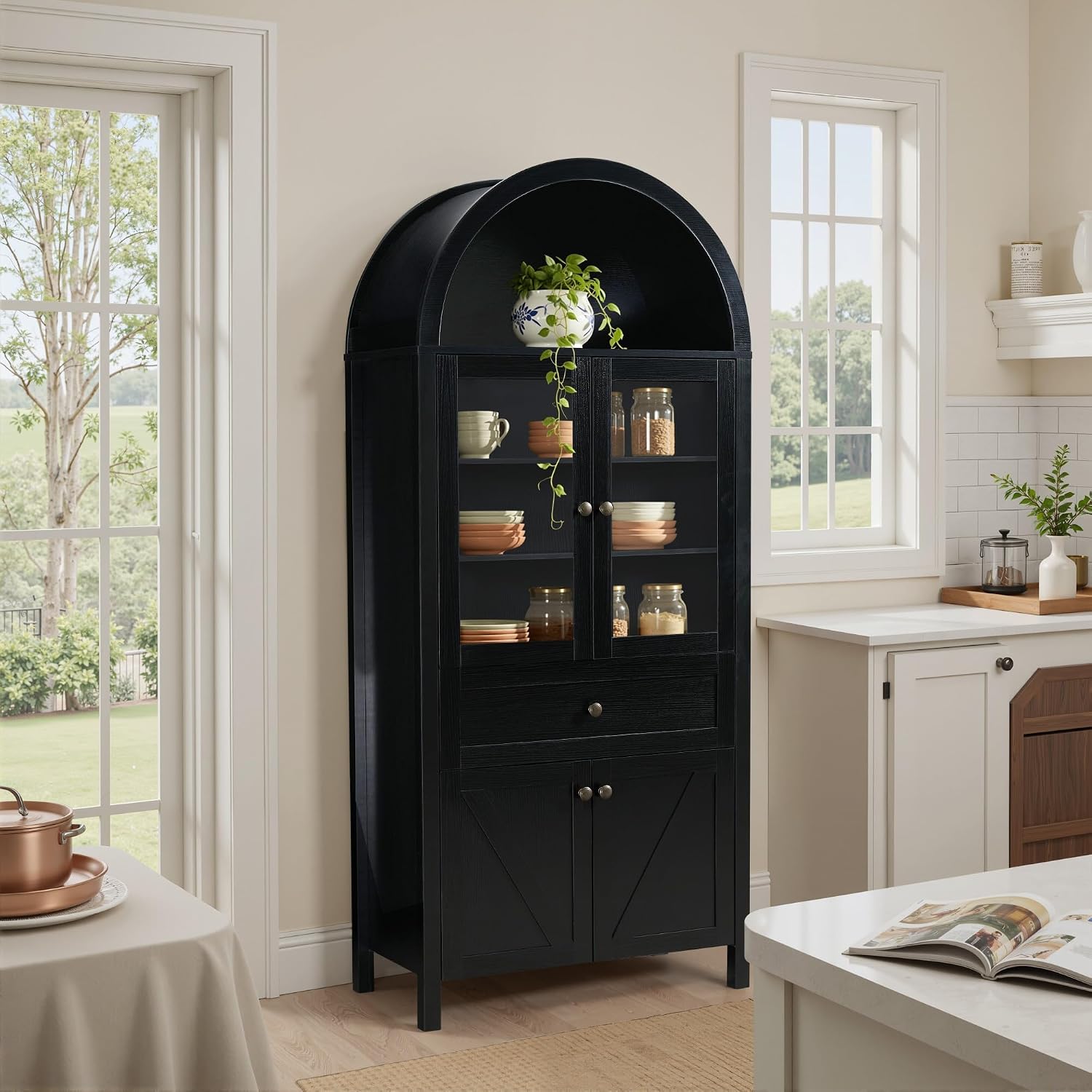 71" Tall Arched Pantry Cabinet, Modern Kitchens Storage Cabinet with Doors, Drawers and Shelves, Freestanding Cupboard for Dining Room Living Room (Black)