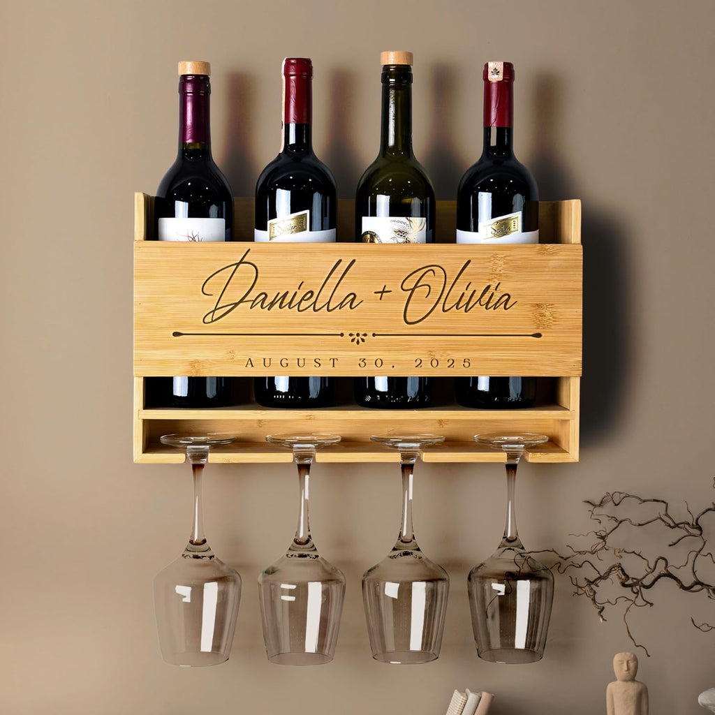 Personalized Wine Rack - Wall Mounted Custom Engraved Holder for 4 Bottles and Glasses - Ideal Gift for Wine Lovers, Weddings, Housewarmings - Customized Names Gifts for Couples