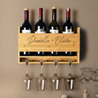 Personalized Wine Rack - Wall Mounted Custom Engraved Holder for 4 Bottles and Glasses - Ideal Gift for Wine Lovers, Weddings, Housewarmings - Customized Names Gifts for Couples
